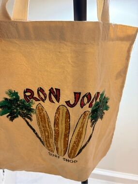 Ron Jon Surf Shop Natural Canvas Tote with Green Palm and Brown Surfboard Print